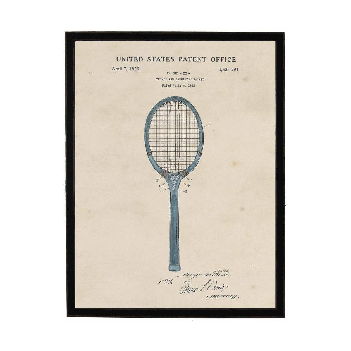 Antique Curiosities Inc - Wholesale Art Print - Watercolor Tennis Racket Patent0