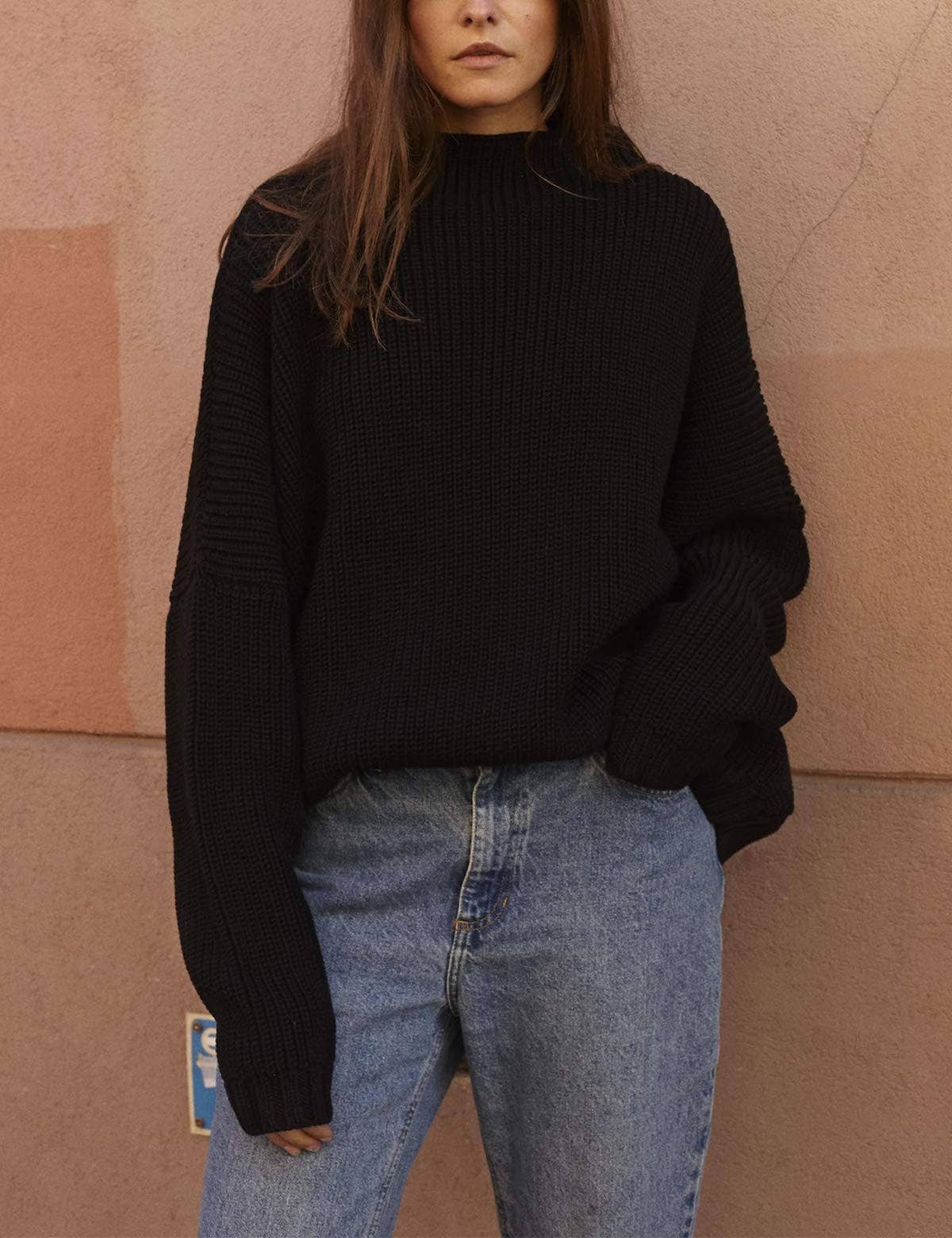 Chicto – Großhandel Strickpullover – Damen – Damen Oversized Pullover Fledermausärmel Stehkragen Jumper Oberteile15