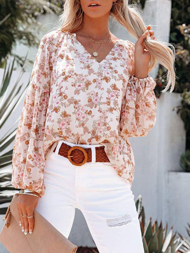 Fashion Combination - Wholesale Blouse - Women's - new floral print lantern sleeve chiffon top3