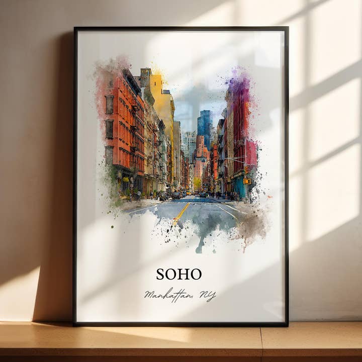 Soho NYC Muurkunst, Soho Print, Soho NYC Aquarelkunst, Manhattan NYC Cadeau, Manhattan Reisprint, Reispapier, Inwijdingscadeau voor wholesale door Premium Travel Art
