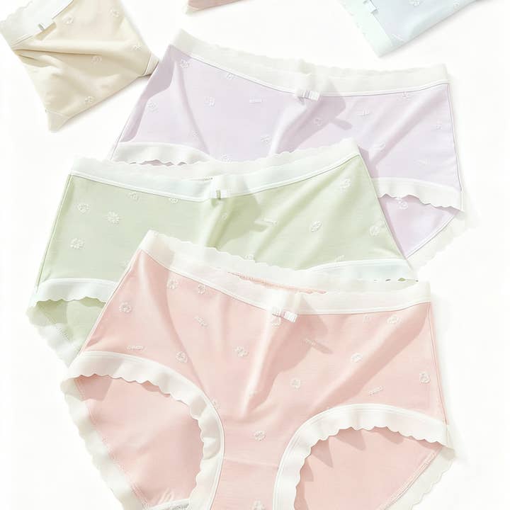 Texlina Women’s Soft Cotton Mid-Rise Briefs with Scalloped Trim – Pastel Comfort Series for wholesale by FLUFFERY