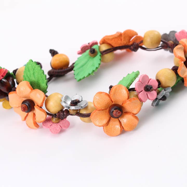 Sunflower Handmade leather inc – wholesale Pärlarmband – läderblommigt snyggt armband med träpärlor