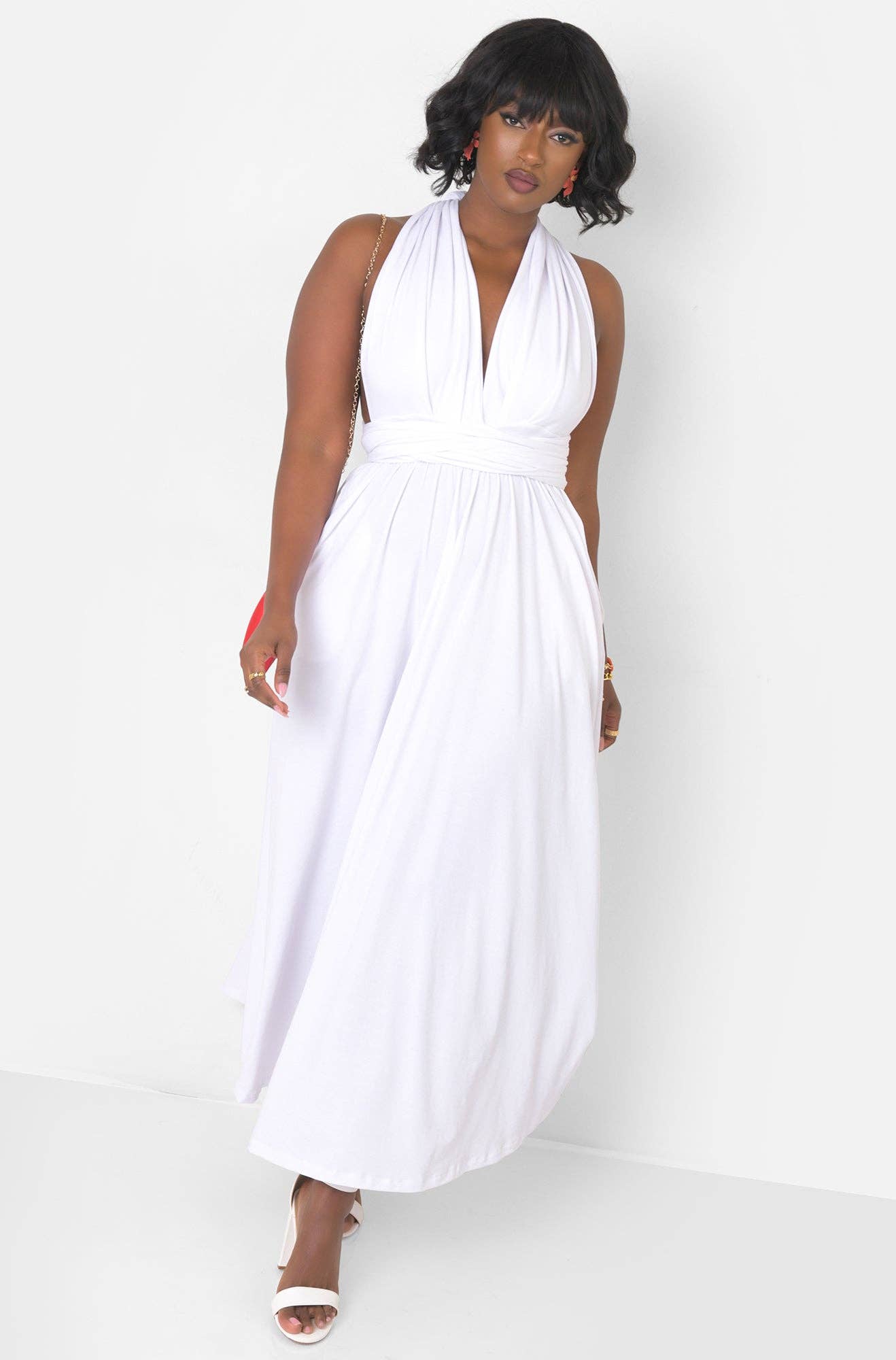 White Dreamy Sleeveless V Neck Multiway Skater Maxi Dress W. Pockets for wholesale on Faire16