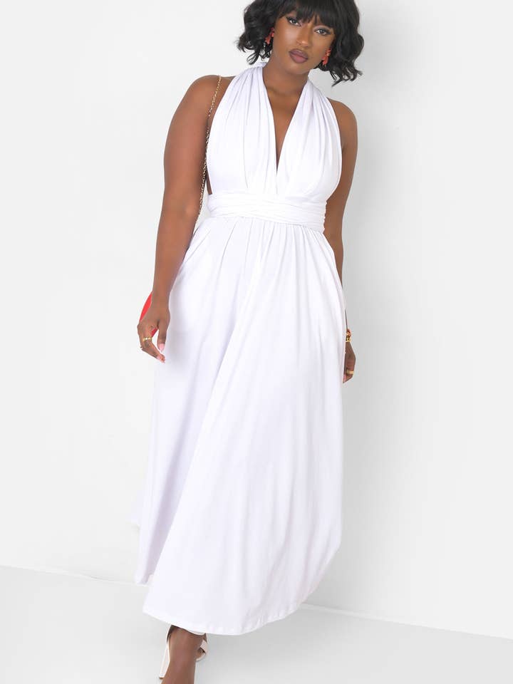 White Dreamy Sleeveless V Neck Multiway Skater Maxi Dress W. Pockets for wholesale on Faire16