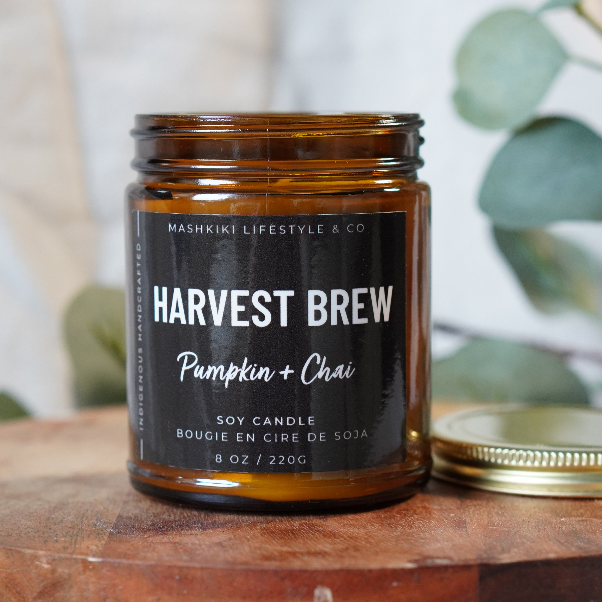 Mashkiki Lifestyle & Co. - Wholesale Jar/Filled Candle - Harvest Brew | Pumpkin + Chai - 8oz. Amber Glass Soy Candle2