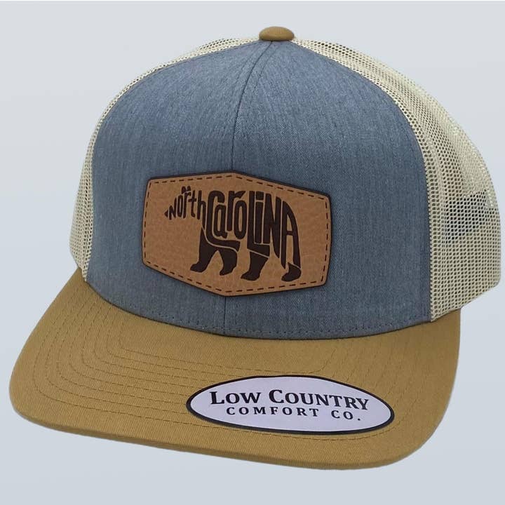 North Carolina Bear Leather Patch Hat Heather/Gold/Beige for wholesale by Riverbed Threads