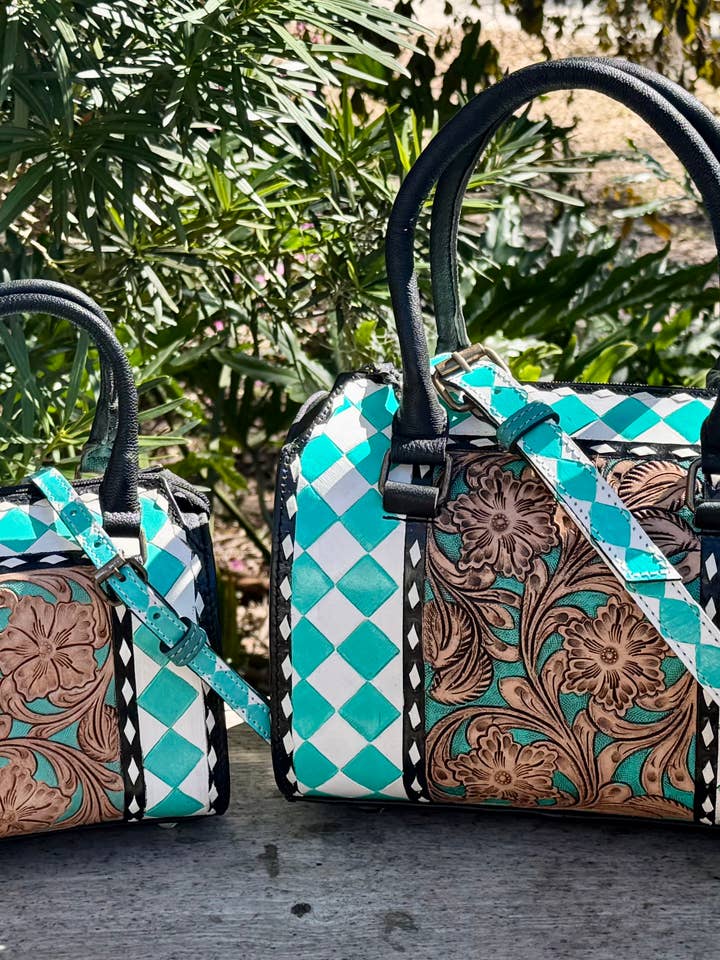 Small Turquoise White Checkered Leather Speedy Bag for wholesale by Southern Junkie Gypsy Boutique