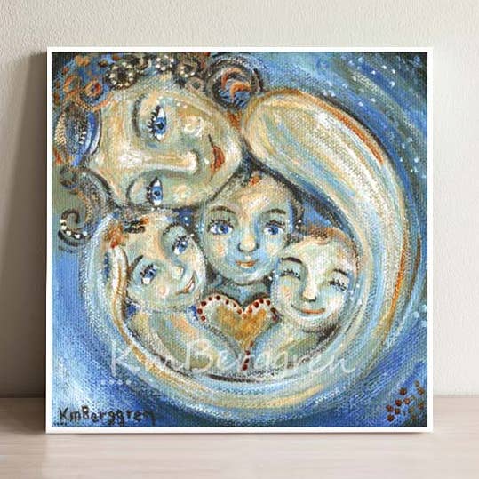 Bright Night - Mother Cradling 3 Kids Blue Art Print for wholesale by Katie m. Berggren art & design, LLC
