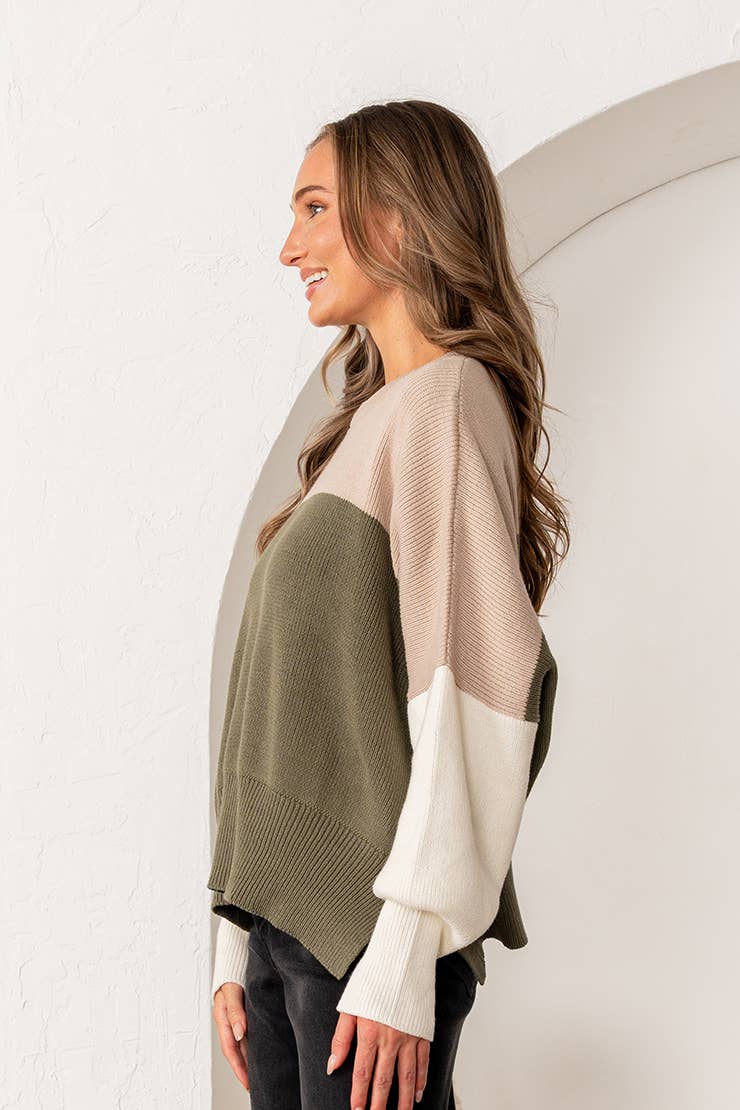 OLIVE TAUPE Plus Oversized Color Block Knit Sweater for wholesale on Faire2