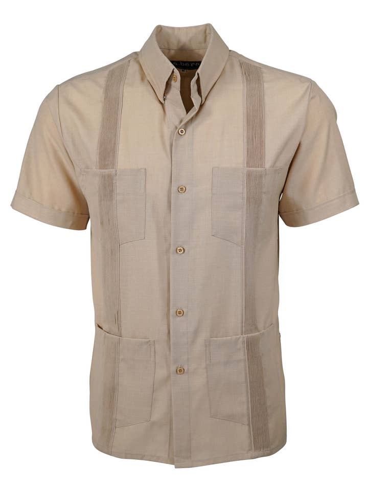 Sand Beige Firelomme Traditionel Guayabera for engroshandel hos Y.A.Bera Clothing Modern Guayaberas