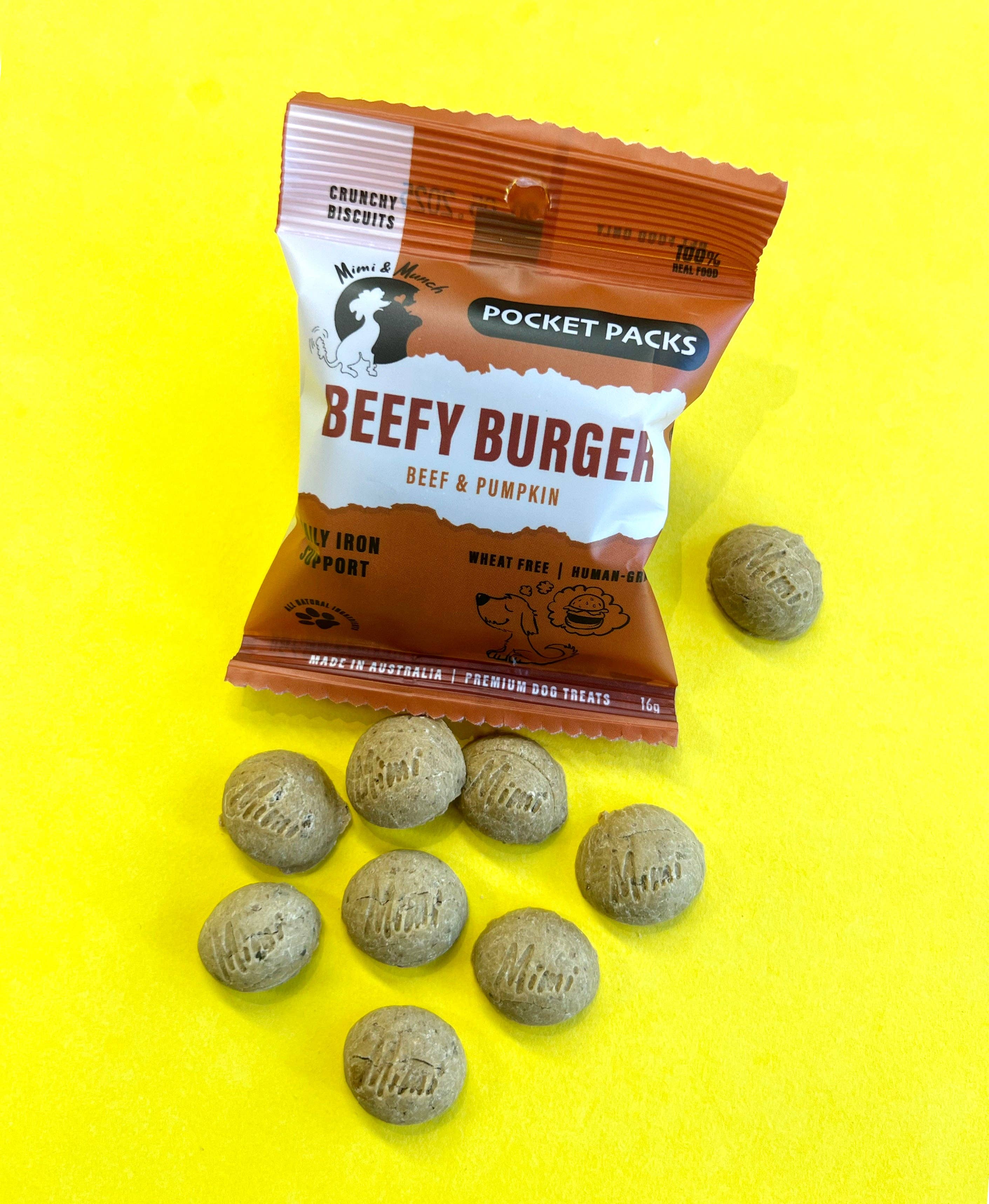 Mimi & Munch - Vendita all'ingrosso Snack - Cani - Mimi & Munch Beefy Burger Snack Naturali per Cani - Pocket Packs2