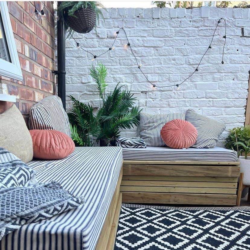 Helen Round - hand printed linen (US Duties Paid) – wholesale Chair cushion – Navy Blue Striped Cotton Ticking Cushion2