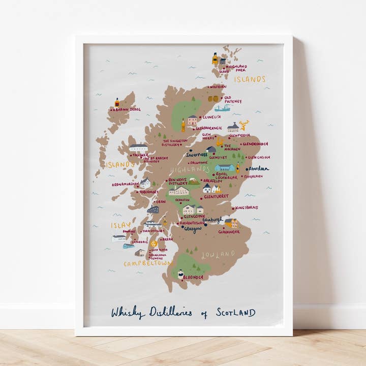 Whisky Distilleries of Scotland Illustrated Map- Islay, Campbeltown, Islands, Lowland, Highlands. Glenfiddich, Talisker, Glen Scotia. for wholesale by Mads Illustration