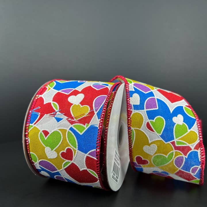 White Linen/Yellow-Blue-Purple-Red Overlap Hearts, 2.5"X10Y 11415-40-39 for wholesale by Trendy tree