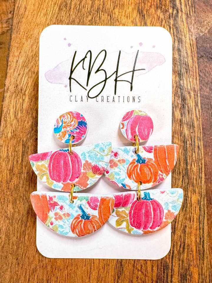 Orange Preppy Pumpkin Half Moon Dangle Clay Earrings for wholesale by KBH CREATIONS