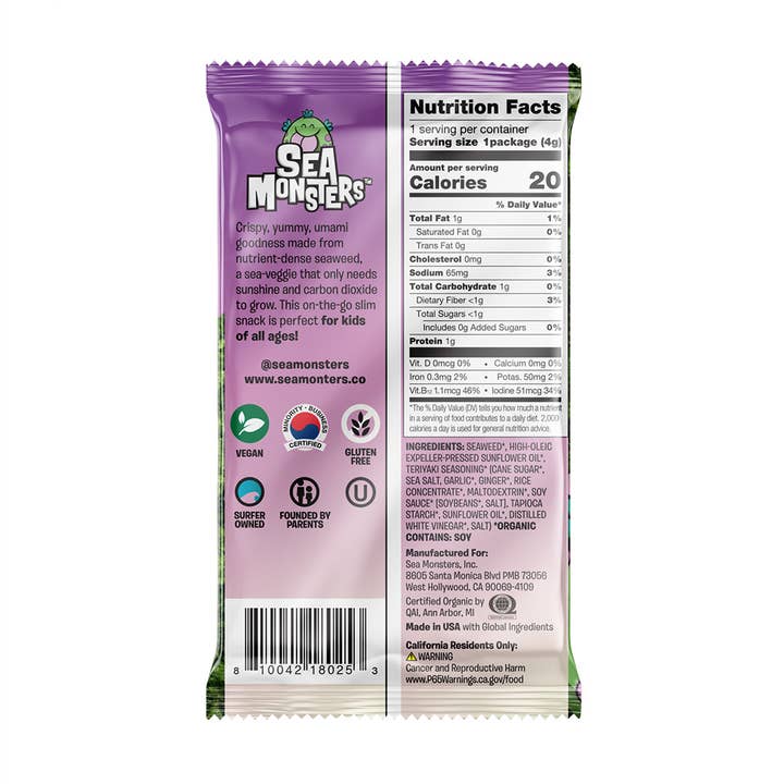 Sea Monsters - Wholesale Chips - Trayless Seaweed Snacks, VRTY .14oz, 20-pack case8