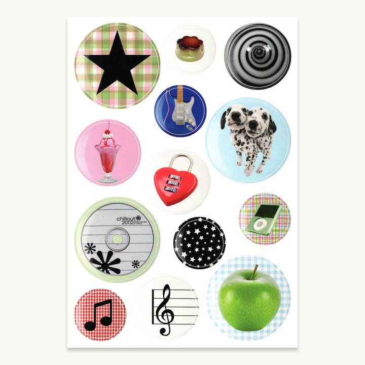 Jumbo Pins Sticker Sheet | 7”x10”, 13 Glossy Stickers for wholesale by Unlucky Wishes