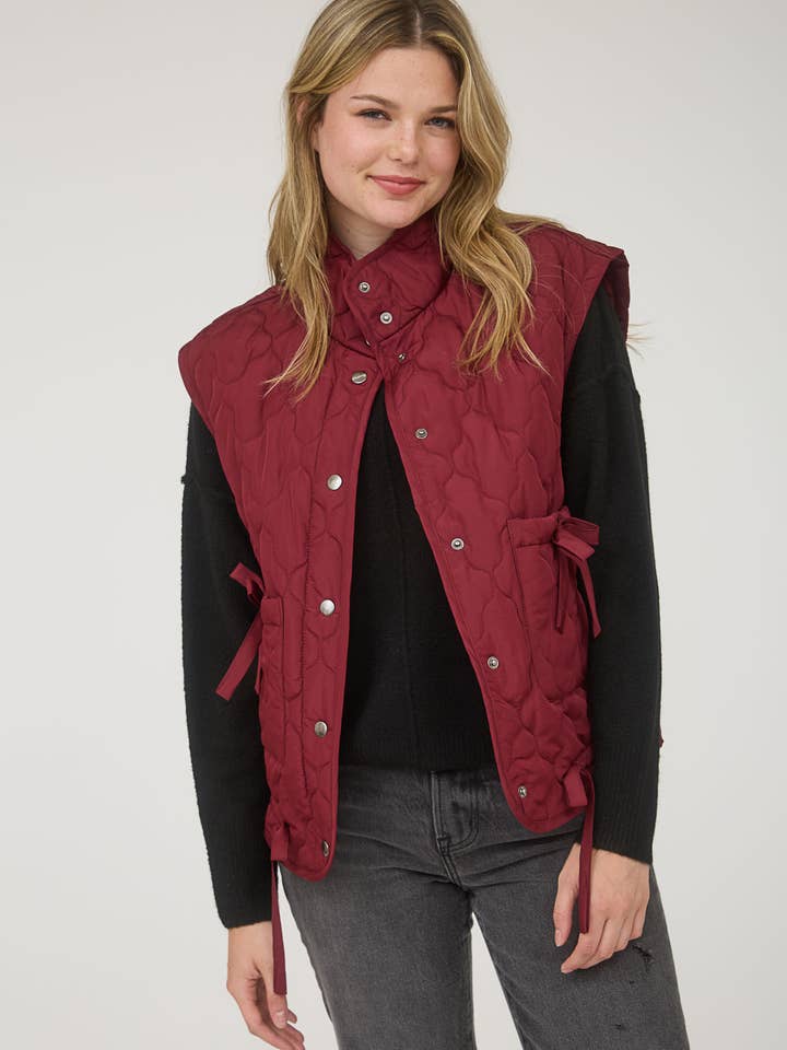 Blu Pepper - Wholesale Outerwear Vest - Women's - TIE DETAIL SNAP BUTTON DOWN QUILTED PUFFER VEST 18