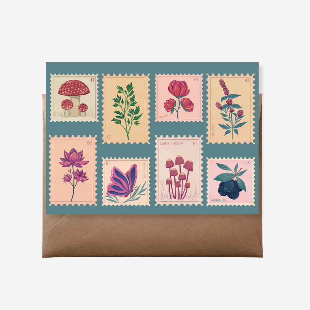 The Newmoon Bindery - Wholesale Everyday Greeting Card - Flora, Fauna, and Funga Stamp Greeting Card0