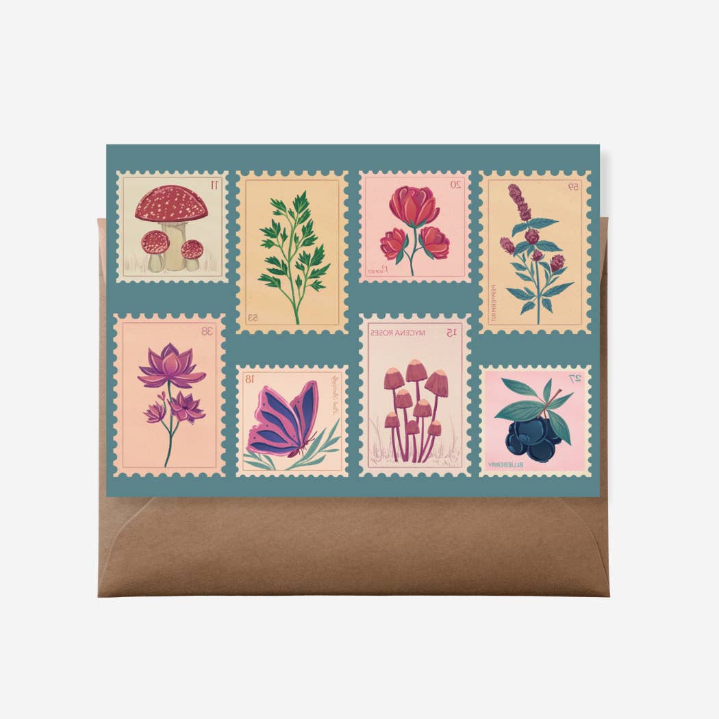 The Newmoon Bindery - Wholesale Everyday Greeting Card - Flora, Fauna, and Funga Stamp Greeting Card