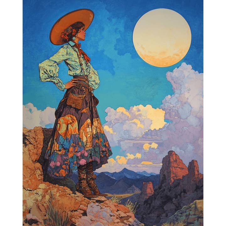 Mowbi - Wholesale Art Print - Southwest Full Moon Cowgirl - Wall Art Print - Coastal Cowgirl 8"x10" Artwork - 11"x14" Mat