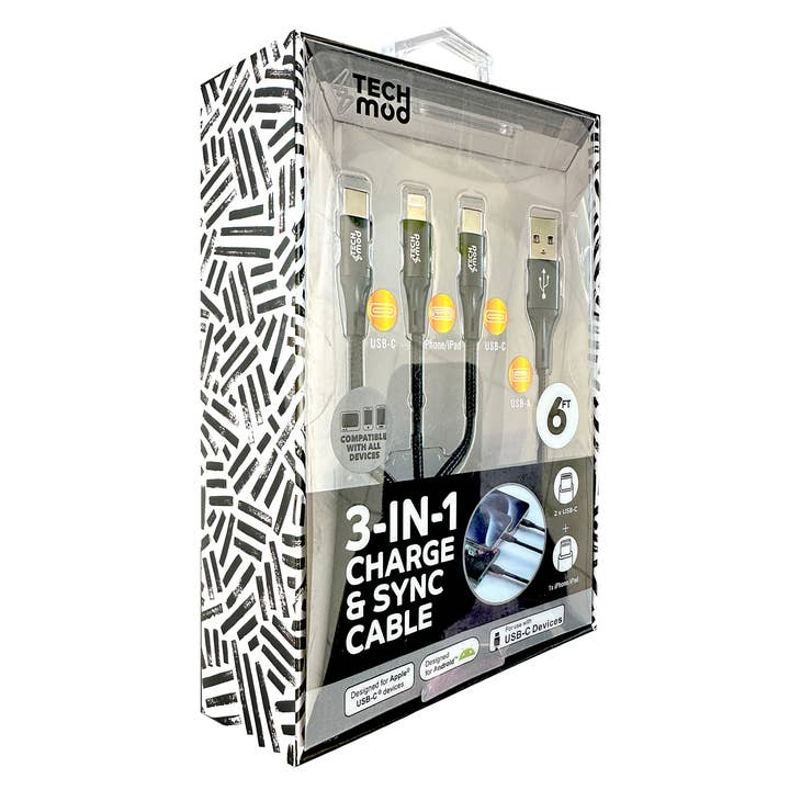 LAX Gadgets - Wholesale Charging Cable - 3-in-1 Cable For IPhone/Ipad & Android Devices - Retail Pack