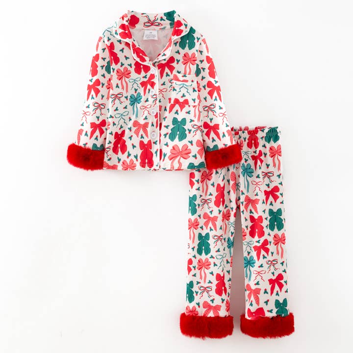 Girls Christmas Bow Red Cozy Fur Pajamas Set for wholesale by Auraquise