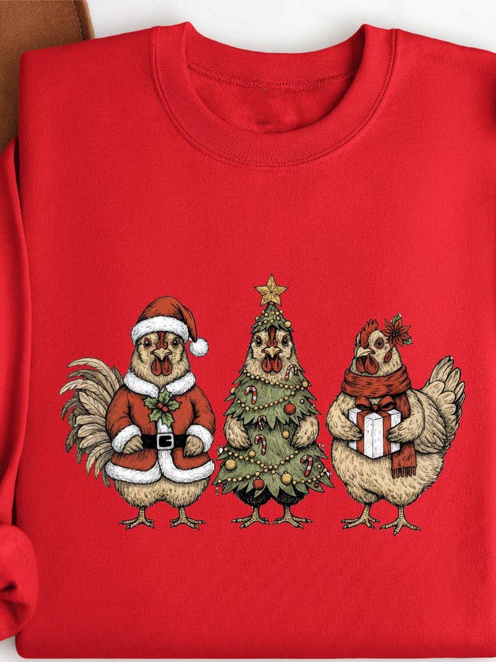 Glaime - Wholesale T-Shirt (Graphic) - Women's - Comfort Colors Christmas Chickens Shirt, Xmas Sweater0