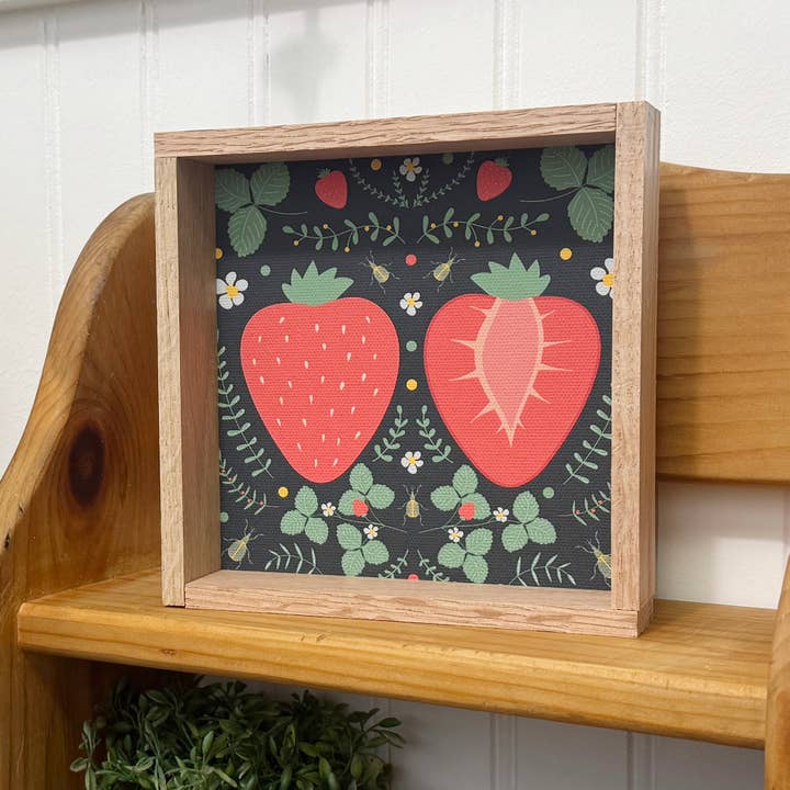 Folk Art Strawberry - Strawberry Canvas Art - Wood Framed for wholesale by Hangout Home