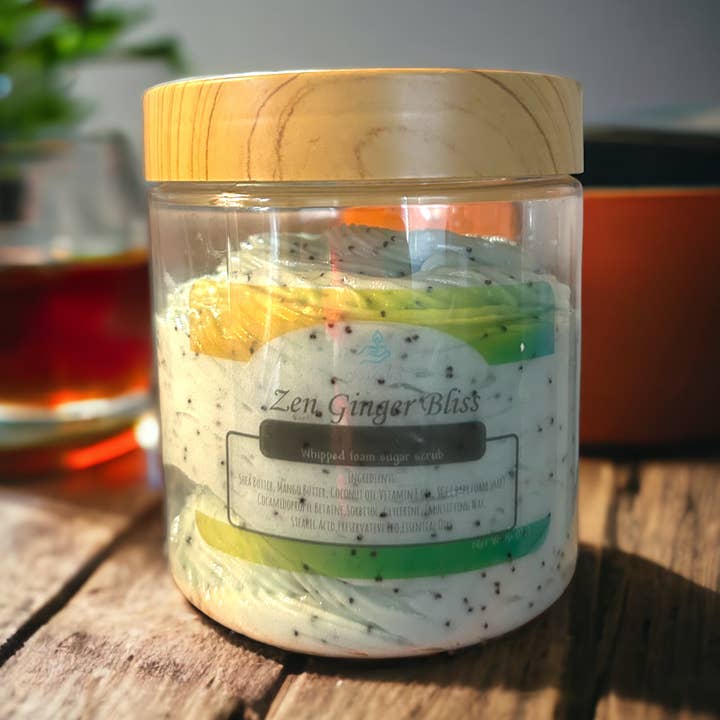 Zen ginger bliss whipped form sugar scrub for wholesale by Glowaura LLC