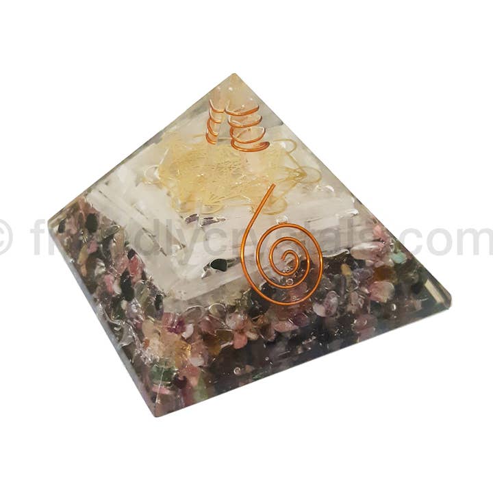 Watermelon Tourmaline with Selenite Sticks- Metatron Pyramid 75-80 mm - NEW for wholesale by Friendly Crystals