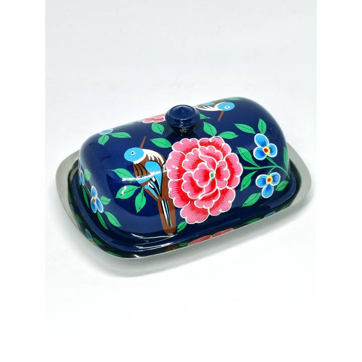 Nayda Diaries - Venta al por mayor Platos para mantequilla - Tetera india azul marino esmaltada con flores pintada a mano