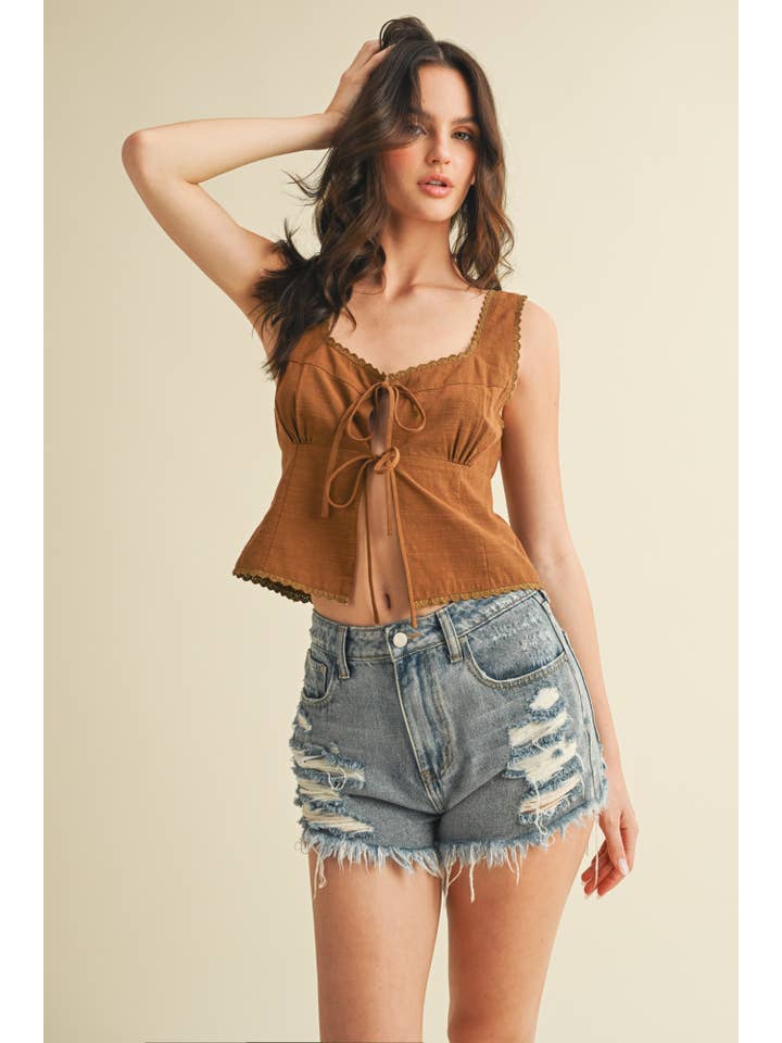 GINGER SCALLOP TRIM EDGE TIE FRONT SLEEVELESS TOP for wholesale on Faire1