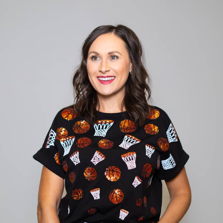 BOMB DESIGNS - Wholesale T-Shirt - Women's - Scattered Basketball | Sequin Design Cuff Sleeve (Black)0