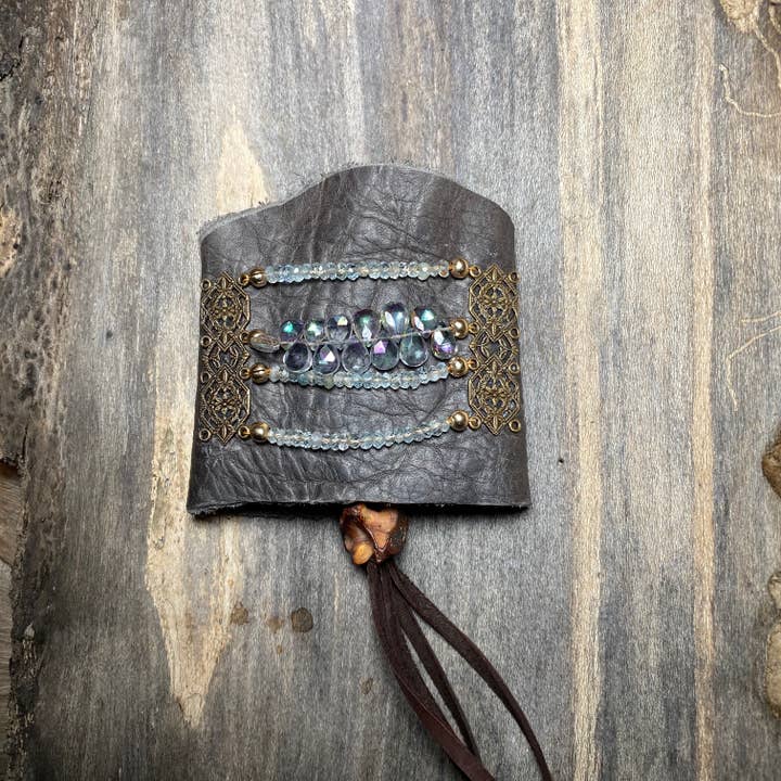 Mystic Topaz and Aquamarine Leather Cuff for wholesale by Beshea Beshea