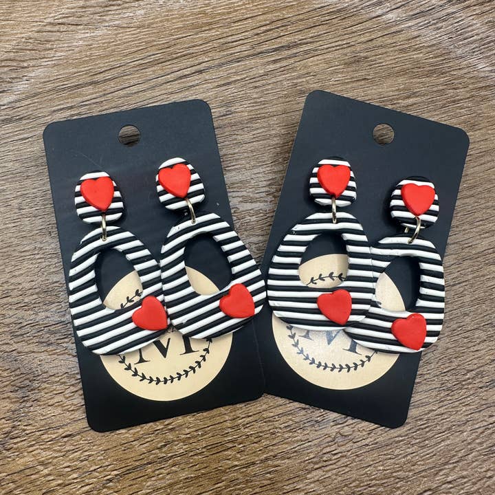 Striped Heart Dangle Polymer Clay Earrings for wholesale by Making with Molli