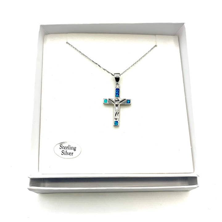 Guadalupe Gifts - Wholesale Pendant/Charm Necklace - Silver Crucifix Necklace w/ Blue Opal 18-inch