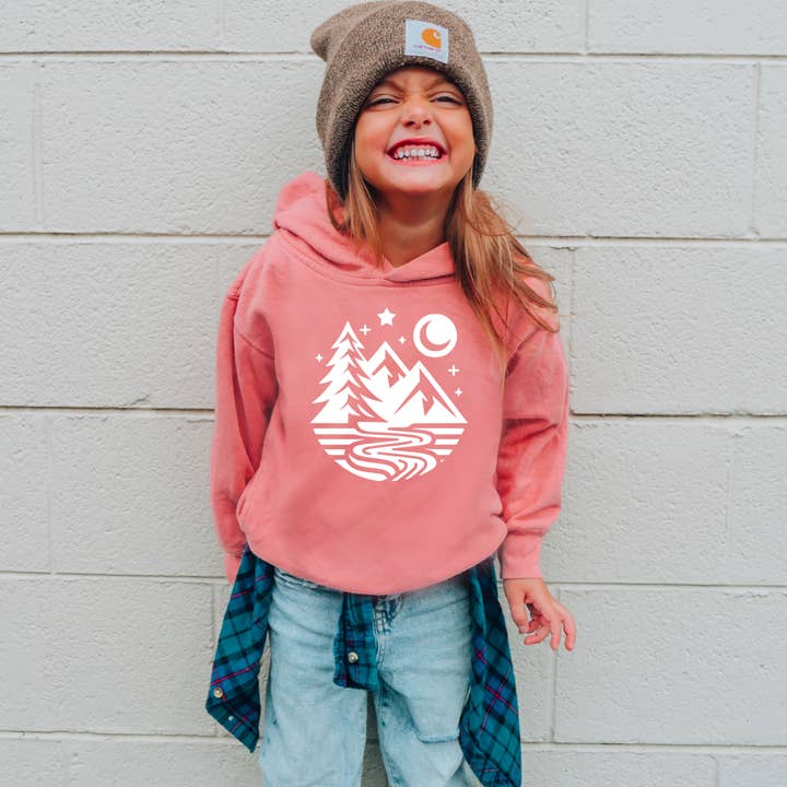 Chandail à capuchon pour enfants - Motif Mountain River - Chandail à capuchon pour tout-petits pour la vente par Spruce Seed