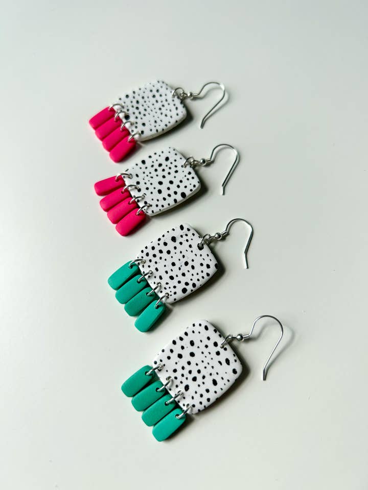 Dalmatian Square Dangles for wholesale by Clay by Bridget