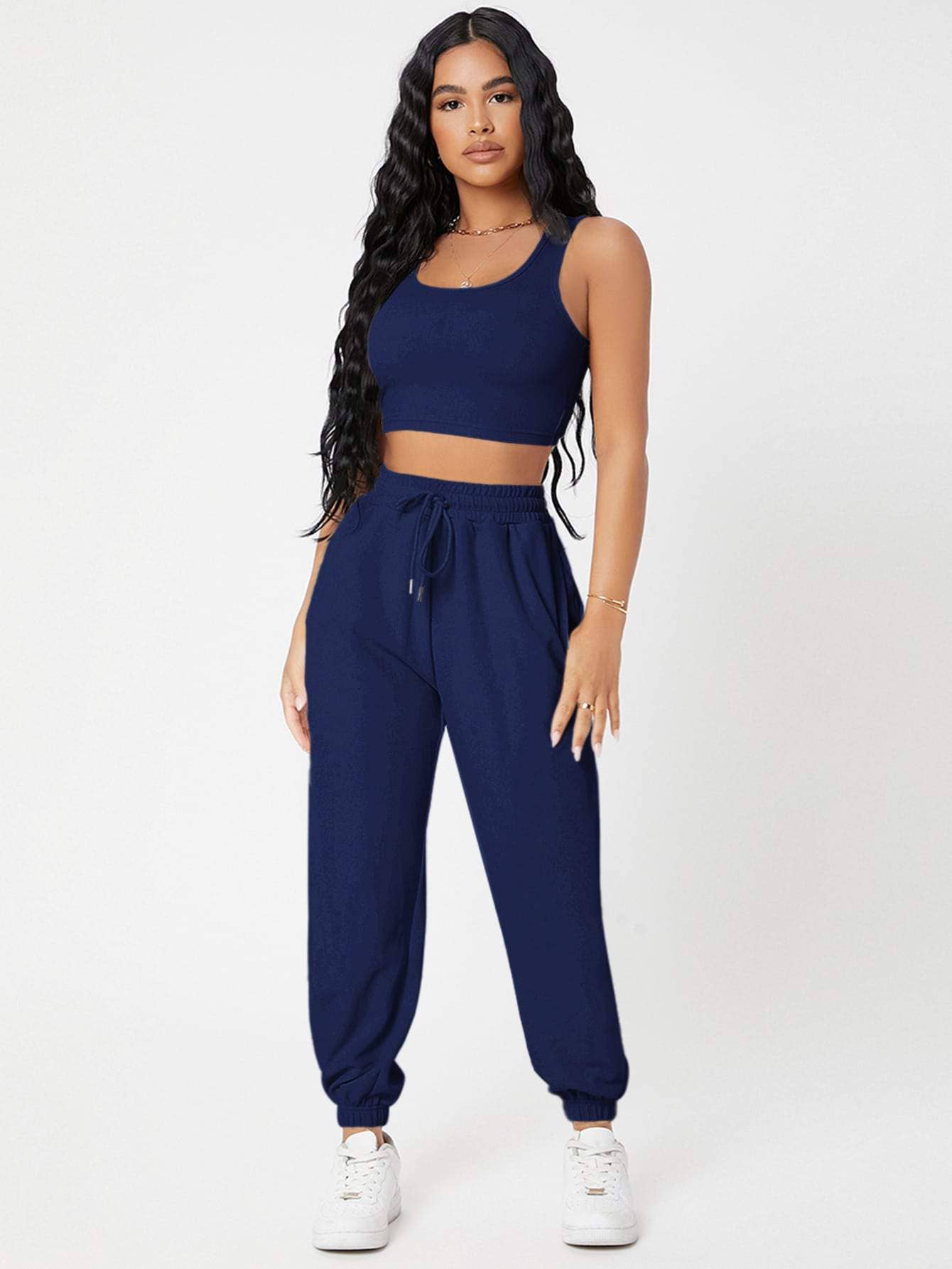 Fashion Combination - Wholesale Lounge set – Women's - petite solid crop tank top and joggers set15