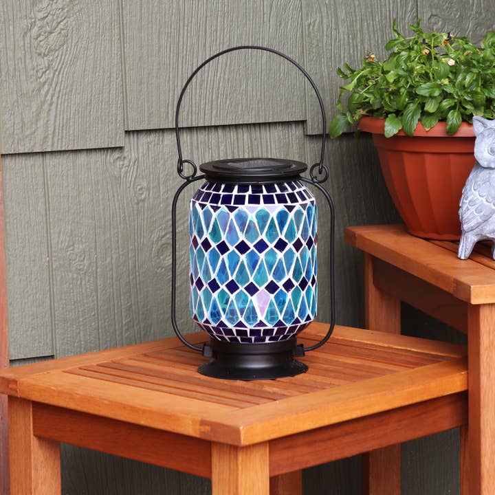 Sunnydaze Decor - Wholesale Lantern - Cool Blue Mosaic Glass Outdoor Solar LED Lantern - 8 in