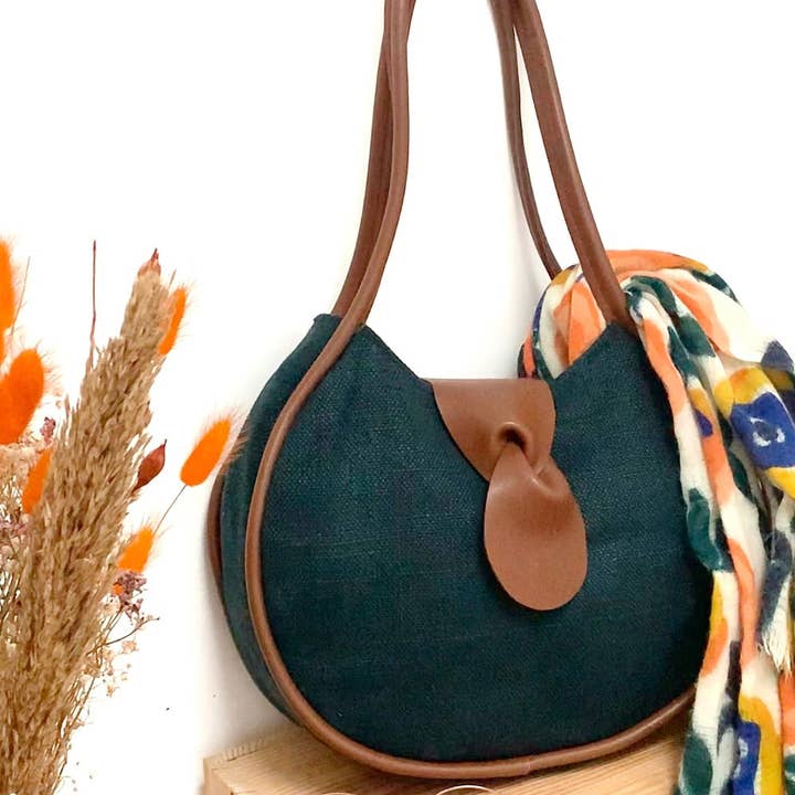 Grote ovale handtas - zwart hennep, sparrenhout, camelleer voor wholesale door Fossette