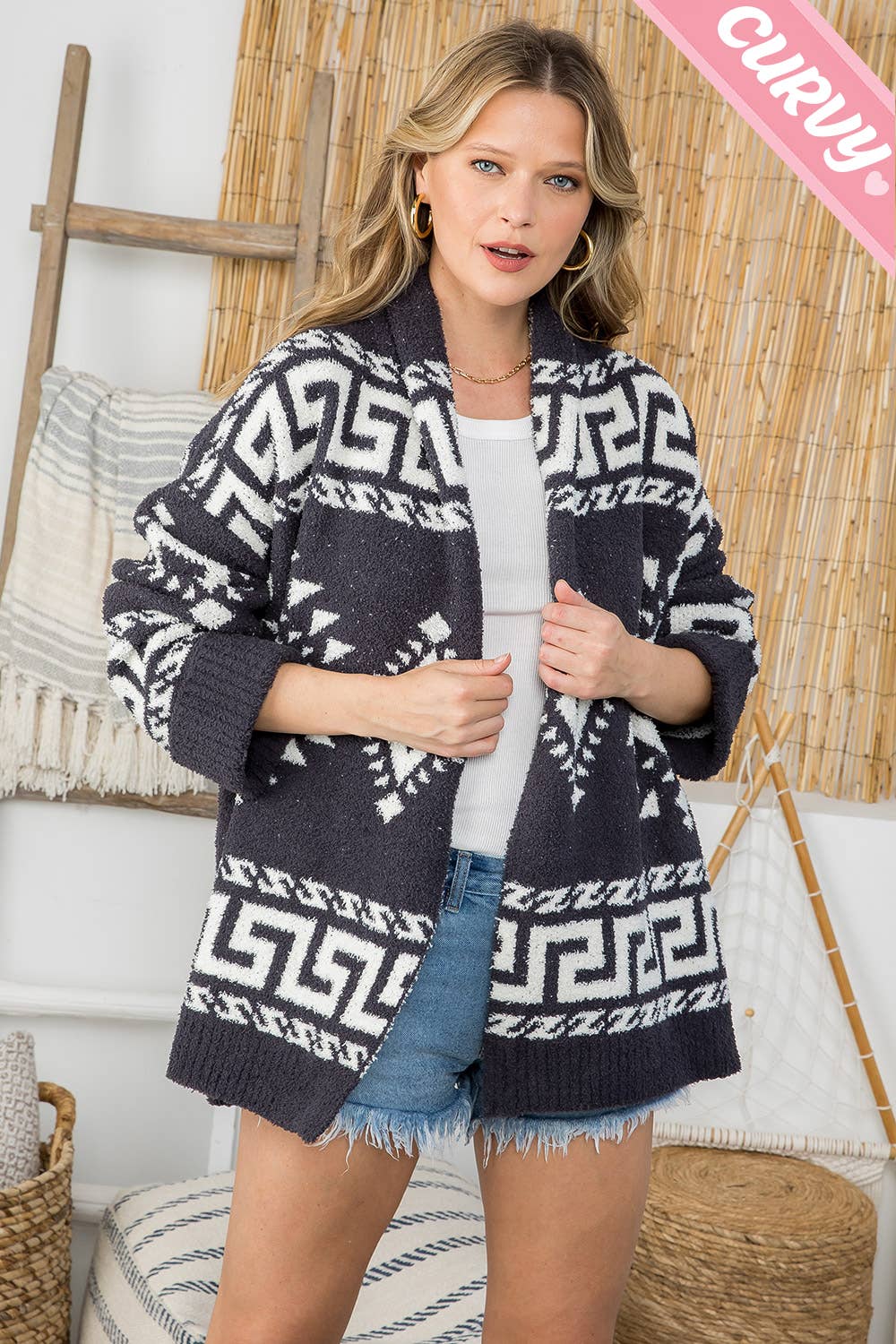 Sweet Lovely by Jen - Wholesale Cardigan - Women's - PLUS SIZE AZTEC PRINT SUPER SOFT COZY SWEATER KNIT CARDIGAN26