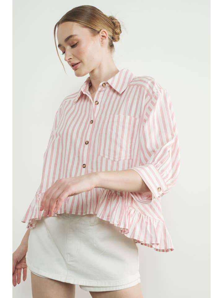 Aaron & Amber - Wholesale Button Down Shirt - Women's - MAT3223 STRIPE RUFFLE HEM SHIRTS