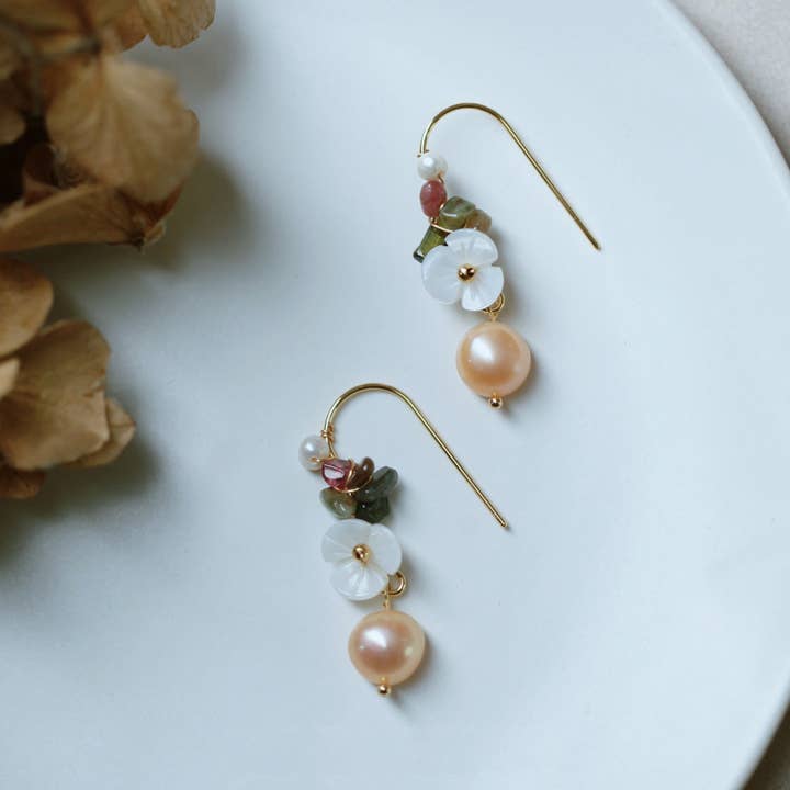 Haengseongworkshop - Wholesale Dangle Earrings - 18K Gold Plated Mother of Pearls Tourmaline Dangle Earrings