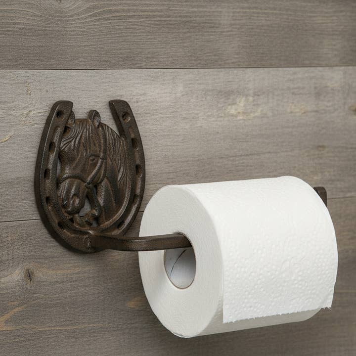 Hesthoved og hestesko i støbejern som servietdispenser - Rustik vestlig badeværelsesindretning for engroshandel hos Iron & Blossom