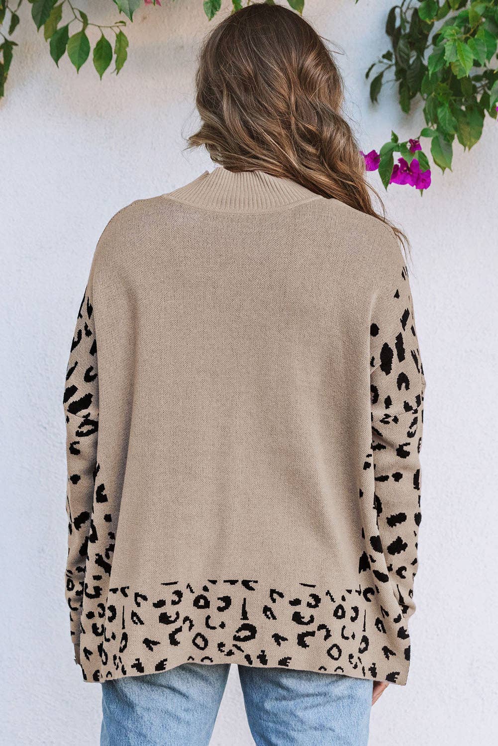 Suhkasana - Wholesale Knit Sweater - Women's - Khaki Leopard High Neck Side Slit Oversized Sweater1