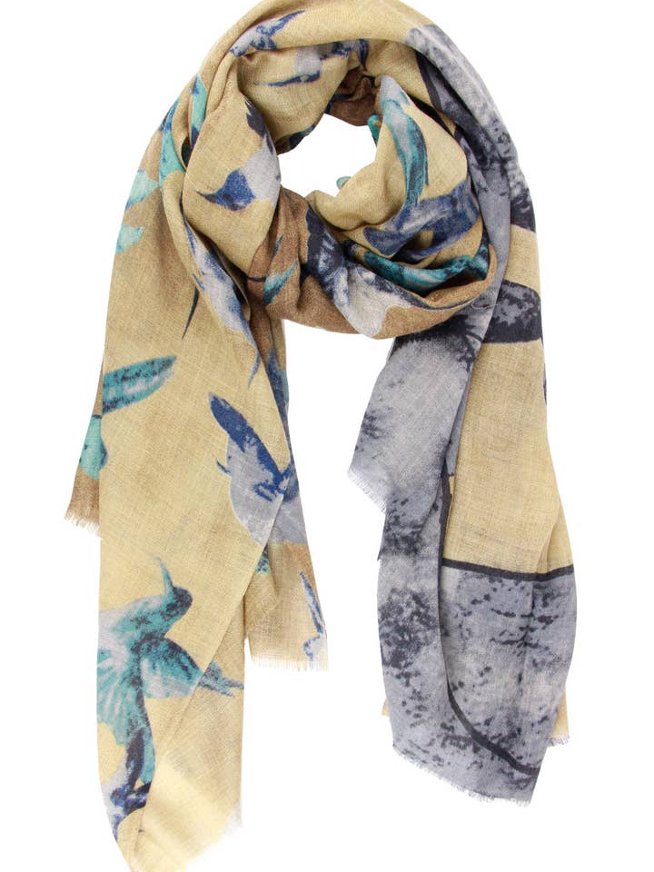 Sciarpa unica in seta stampata digitalmente con uccelli e elefanti per la vendita all'ingrosso da parte di SAACHI