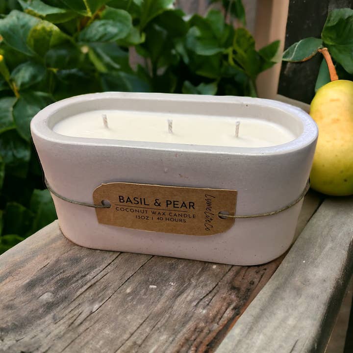 Basil & Pear| Vela de hormigón hecha a mano de lujo con 3 mechas para venta al por mayor de Lymeliteco