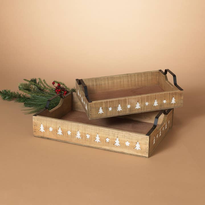 The Gerson Companies - Wholesale Decorative Tray - S/2 Nested Wood Trays w/ Metal Handles, Lg is 16.1"L (UPC Br